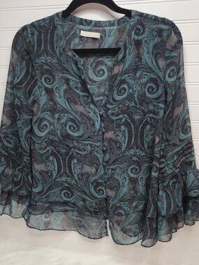 HINGE Swirl Green Light Blouse Women's Size Small Flutter Sleeves Anthropologie